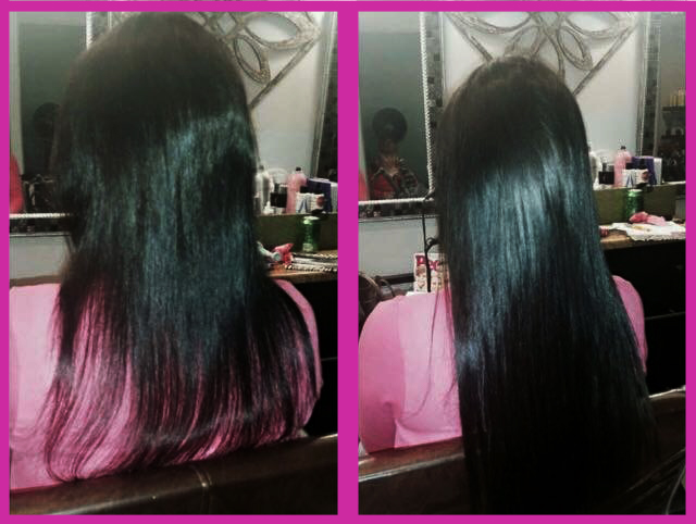 Before and after photos of hair extension application